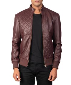 Maroon Moda Leather Bomber Jacket Opened Zip