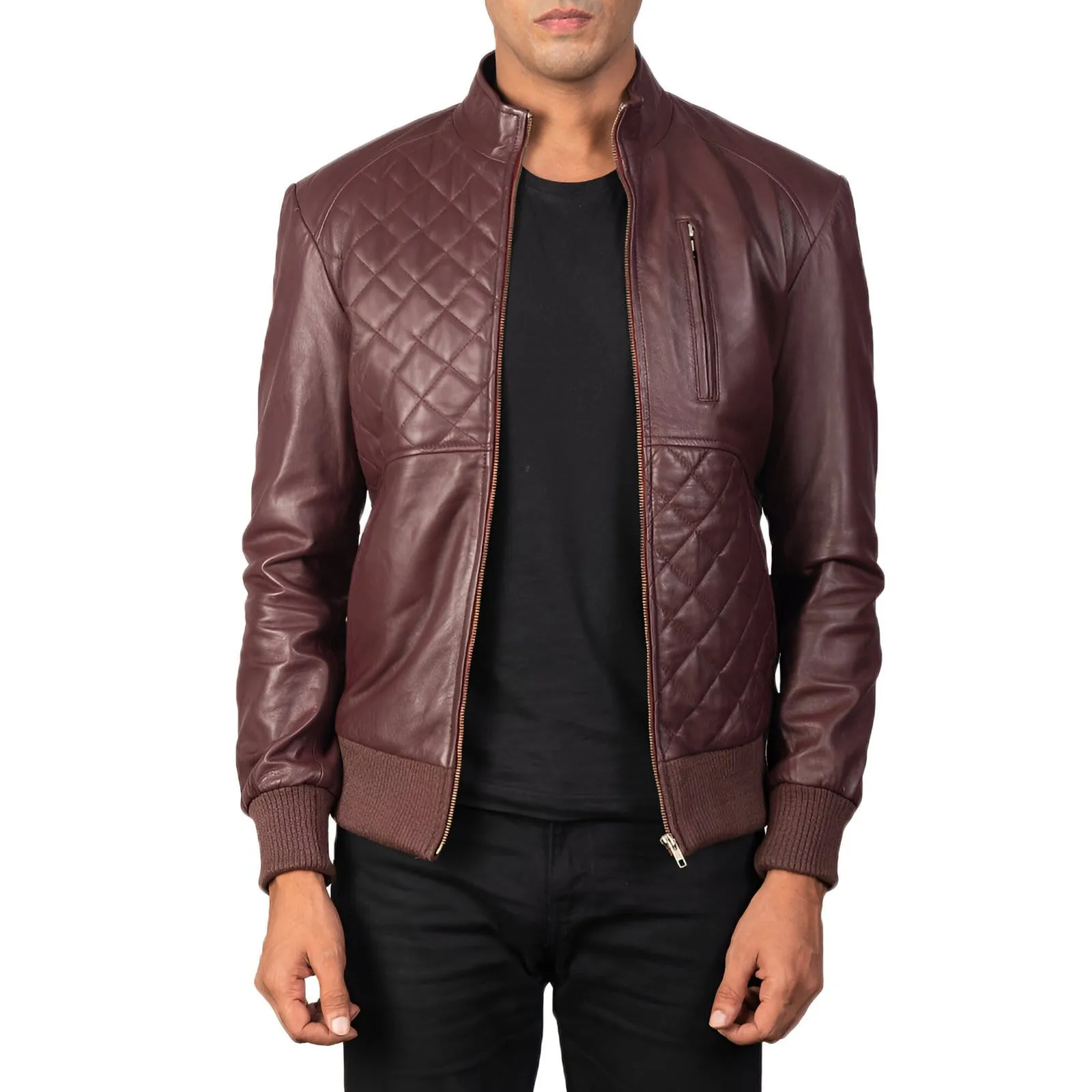 Leather-Bomber-Jacket-2.Jpeg Maroon Moda Leather Bomber Jacket Opened Zip