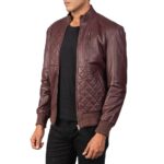 Maroon Moda Leather Bomber Jacket Opened Zip Side Front View
