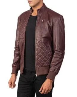 Maroon Moda Leather Bomber Jacket Opened Zip Side Front View