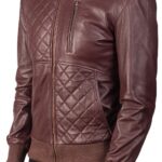 Maroon Moda Leather Bomber Jacket Closed Zip Front Close up View