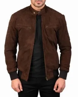 Mocha Suede Bomber Jacket Front