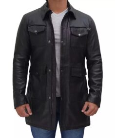 Shirt Collar 3/4 Length Leather Coat