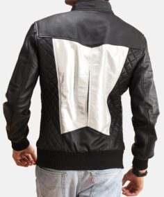 Silver Black Leather Bomber Jacket Back