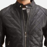 Henry Quilted Black Leather Jacket Front Closeup