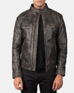 Gatsby Distressed Brown Leather Jacket Open Zip Front View
