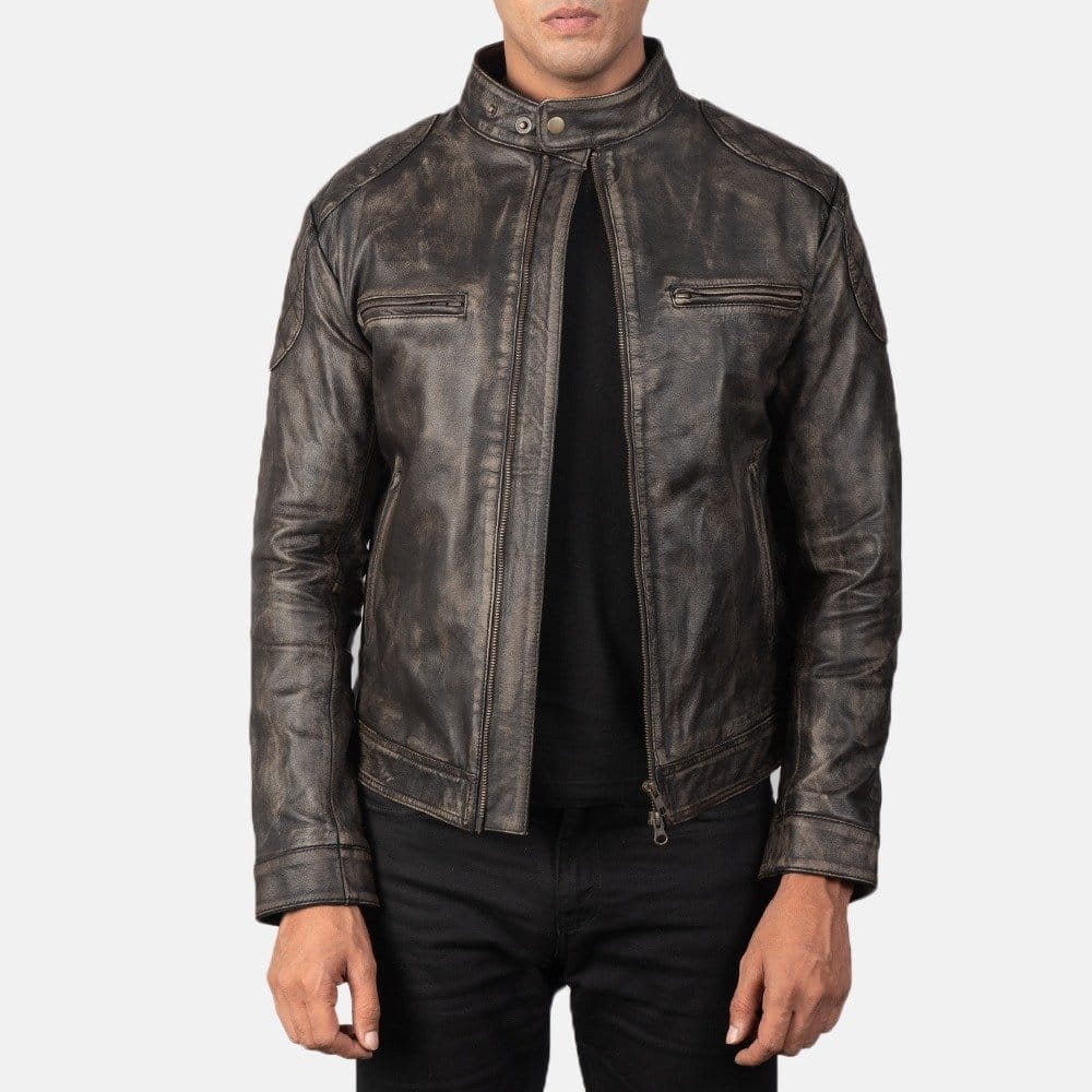 Gatsby Distressed Brown Leather Jacket Gatsby Distressed Brown Leather Jacket Open Zip Front View