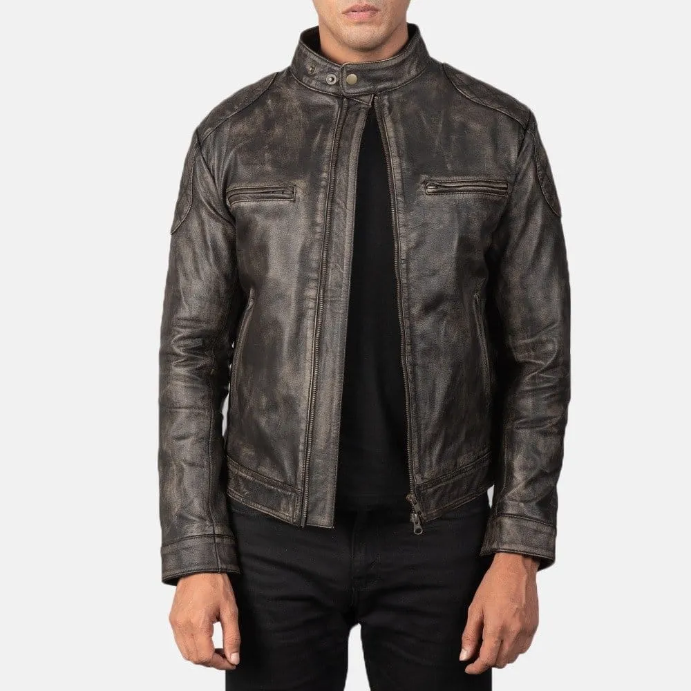 Gatsby Distressed Brown Leather Jacket Gatsby Distressed Brown Leather Jacket Open Zip Front View
