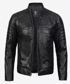 Classic Black Cafe Racer Leather Jacket Front