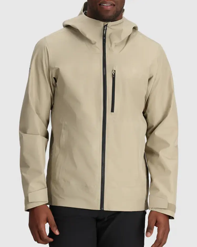 Khaki Hooded Stretch Rain Jacket Front Khaki Hooded Stretch Rain Jacket Front