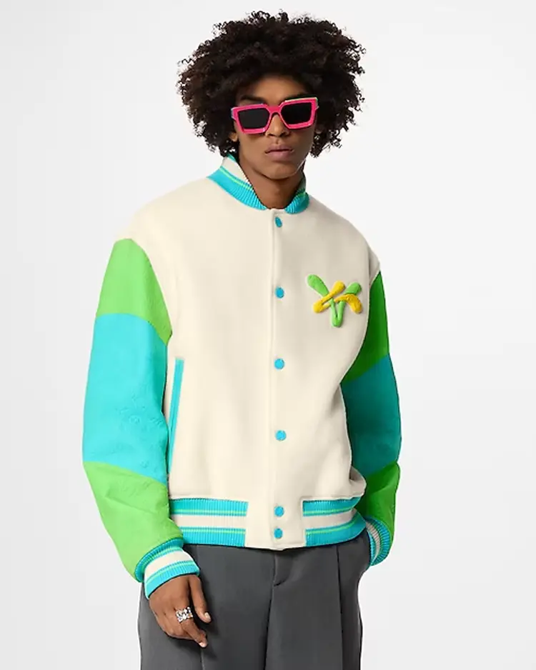 Rainbow Playground Varsity Jacket Front Rainbow Playground Varsity Jacket - Image 1