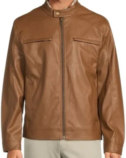 Roundtree & Yorke Faux Leather Cognac Moto Jacket