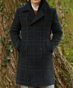 Men's Charcoal Check Wool Reefer Coat