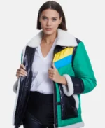 Furniq UK Cracked Green and Black Fur Jacket Open Closure - Trendy Leather Jackets