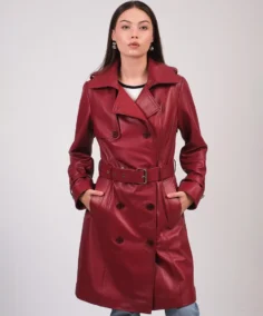 Furniq UK Leather Burgundy Trench Coat - Trendy Leather Jackets