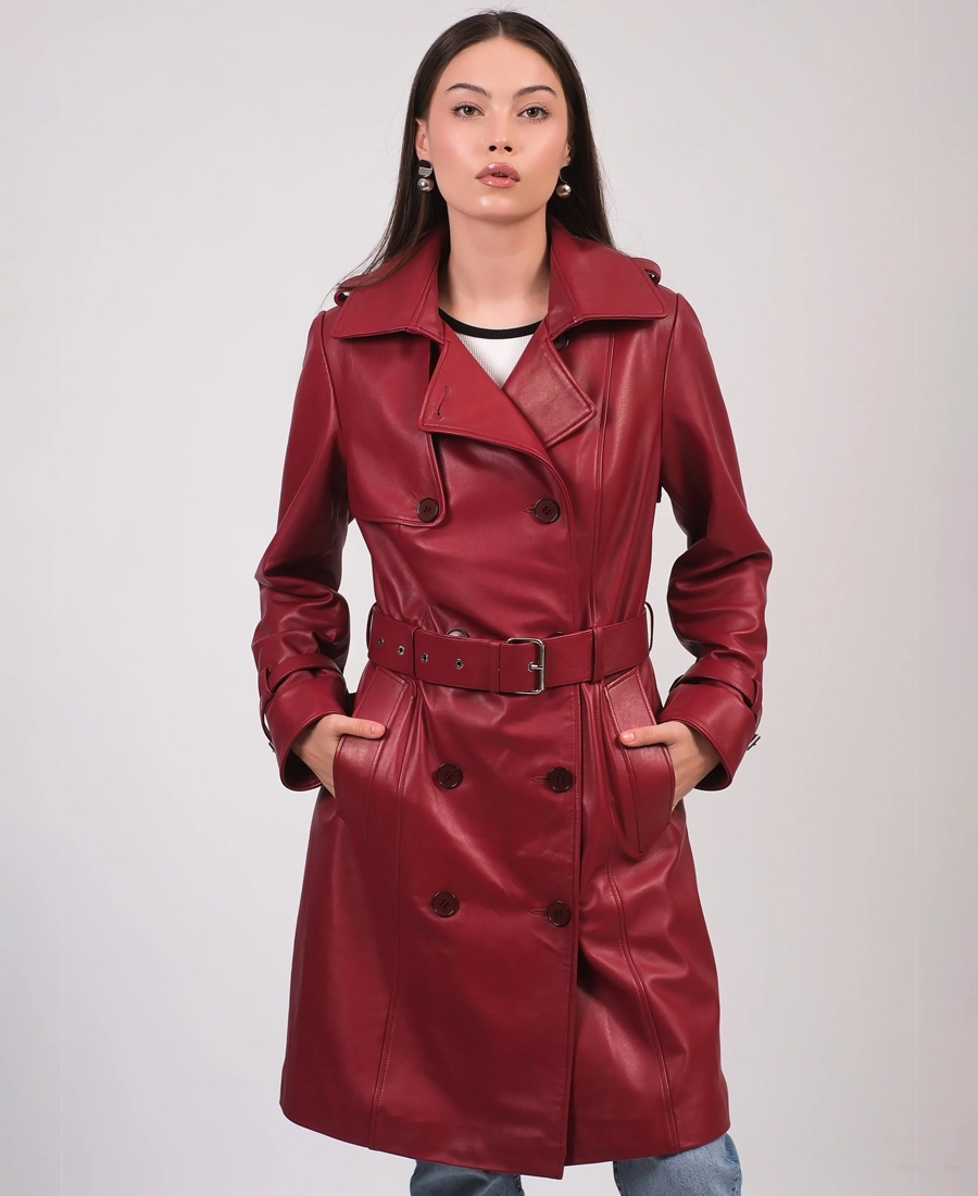 Furniq Uk Leather Burgundy Trench Coat Furniq Uk Leather Burgundy Trench Coat - Trendy Leather Jackets