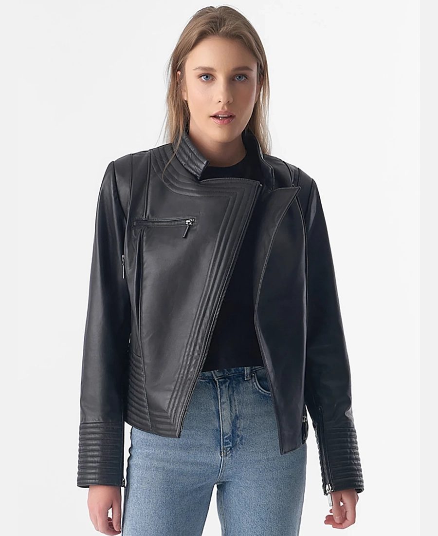 Women Black Riser Biker Leather Jacket Women Black Riser Biker Leather Jacket - Trendy Leather Jackets