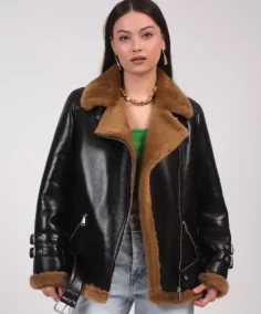 Women's Black And Brown Leather Shearling Jacket - Trendy Leather Jackets