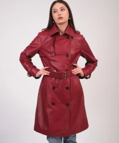 Shop Furniq UK Leather Burgundy Trench Coat For Men And Women On Sale - Trendy Leather Jackets