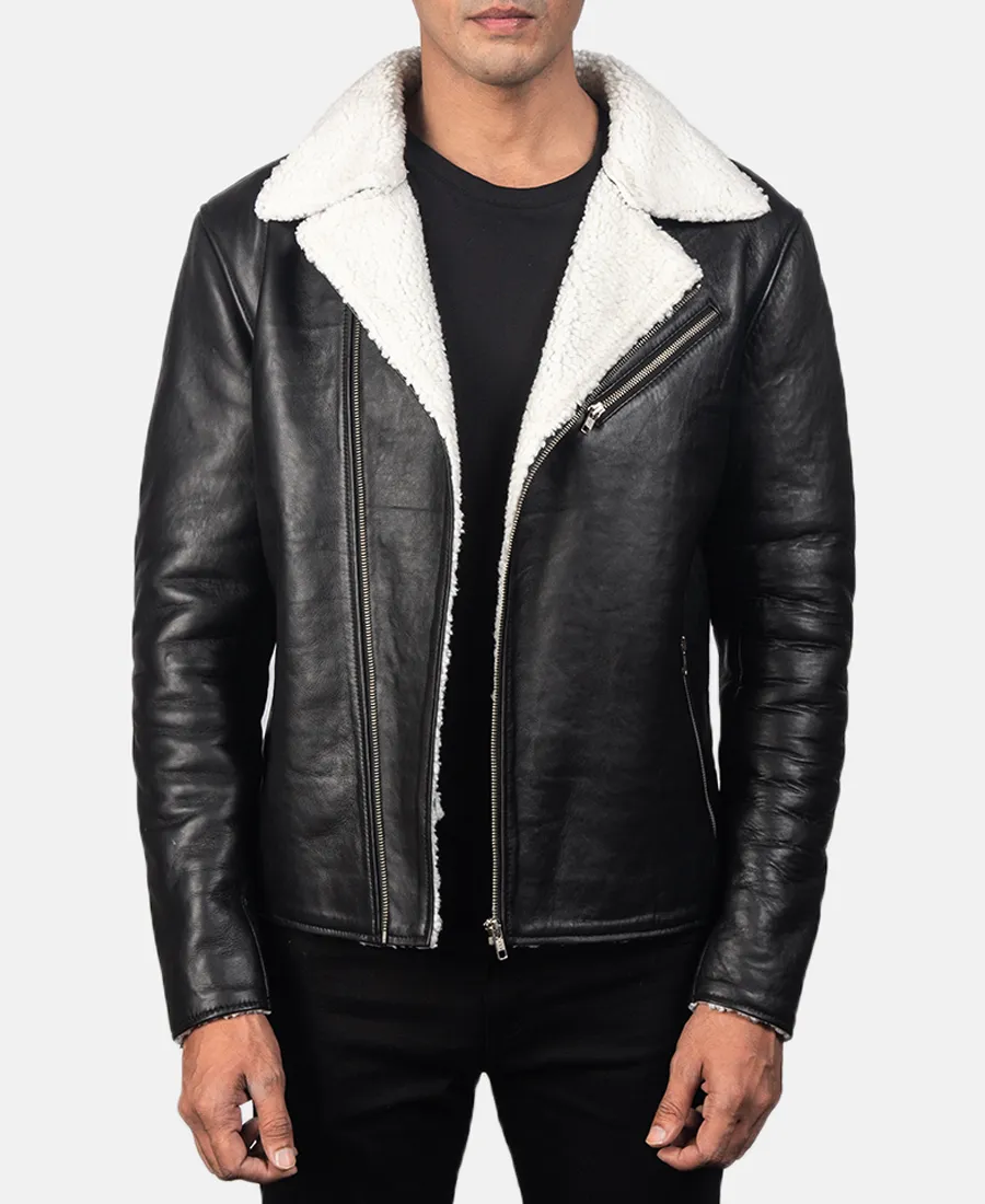 Alberto White Shearling Black Leather Jacket Front View 2 Alberto White Shearling Black Leather Jacket Front View 2