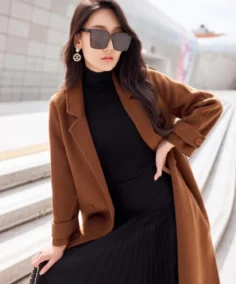 Women's Brown Lapel Neck Long Coat
