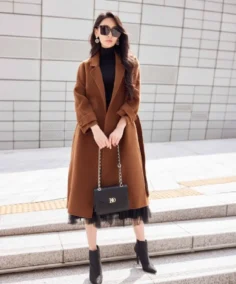 Women's Brown Lapel Neck Long Coat