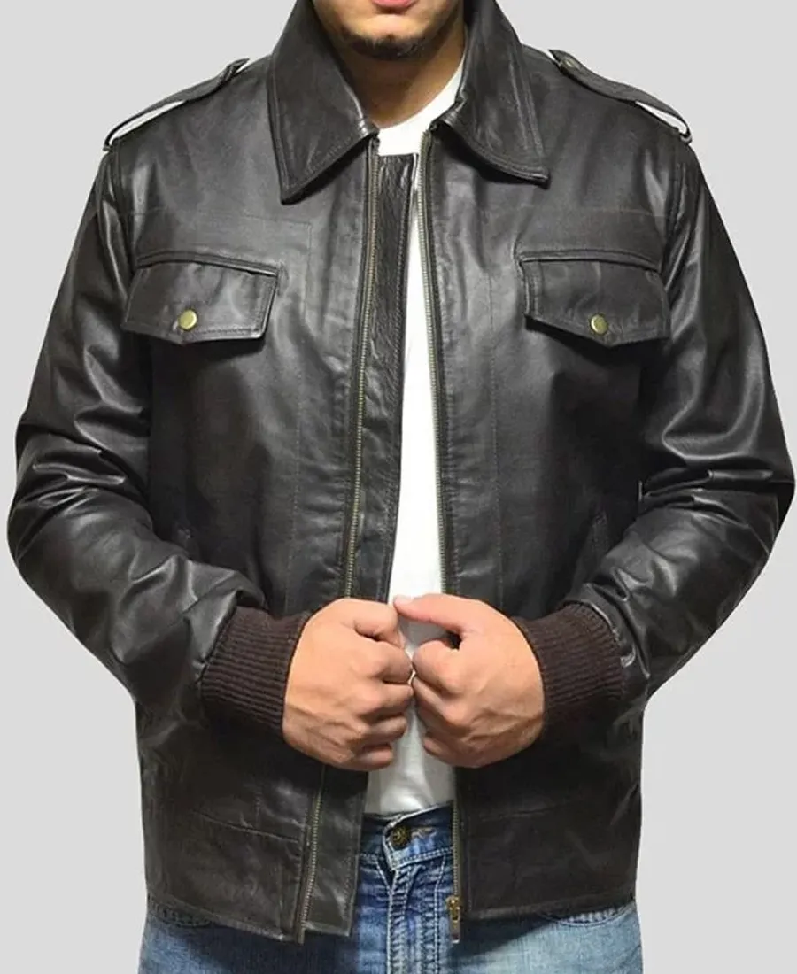 Mens Casual Black Leather Bomber Jacket Front Veiw Mens Casual Black Leather Bomber Jacket Front Veiw