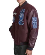 Men's Champion 1919 Mixed Media Varsity Jacket Maroon Side View - Trendy Leather Jackets