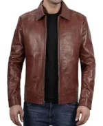 Men's Classic Shirt Collar Brown Leather Jacket Front - Trendy Leather Jackets