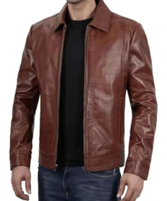 Men's Classic Shirt Collar Brown Leather Jacket Front View - Trendy Leather Jackets
