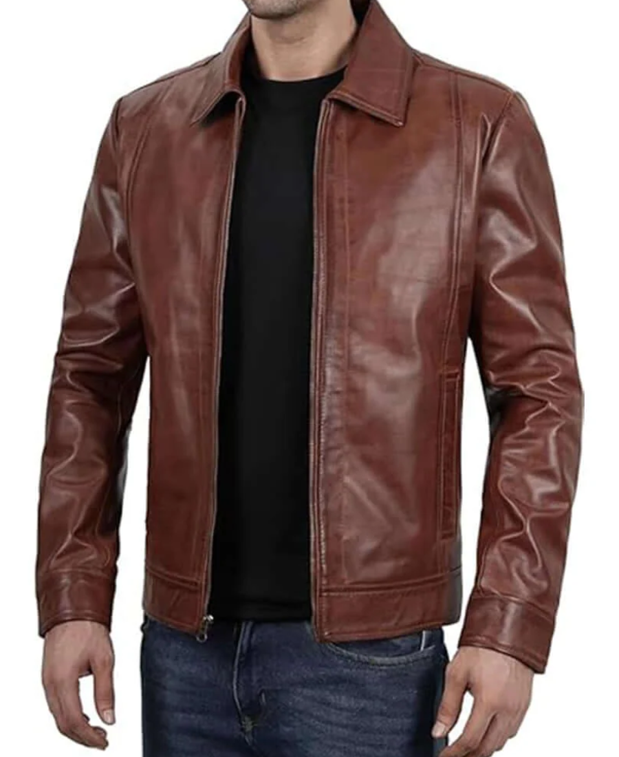 Men'S Classic Shirt Collar Brown Leather Jacket Front View Men'S Classic Shirt Collar Brown Leather Jacket Front View - Trendy Leather Jackets