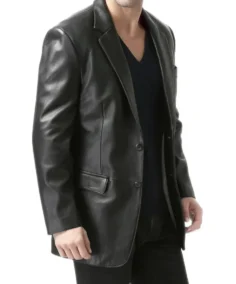 Men's Classic Two Button Black Leather Blazer Jacket Side - Trendy Leather Jackets