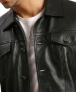 Men's Holland Black Leather Trucker Jacket Close Up - Trendy Leather Jackets
