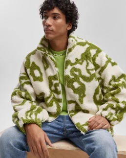 Men's Jacquard Zip-Front Sherpa Jacket Front View - Trendy Leather Jackets