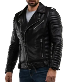 Men’s Quilted Black Leather Motorcycle Jacket Front - Trendy Leather Jackets