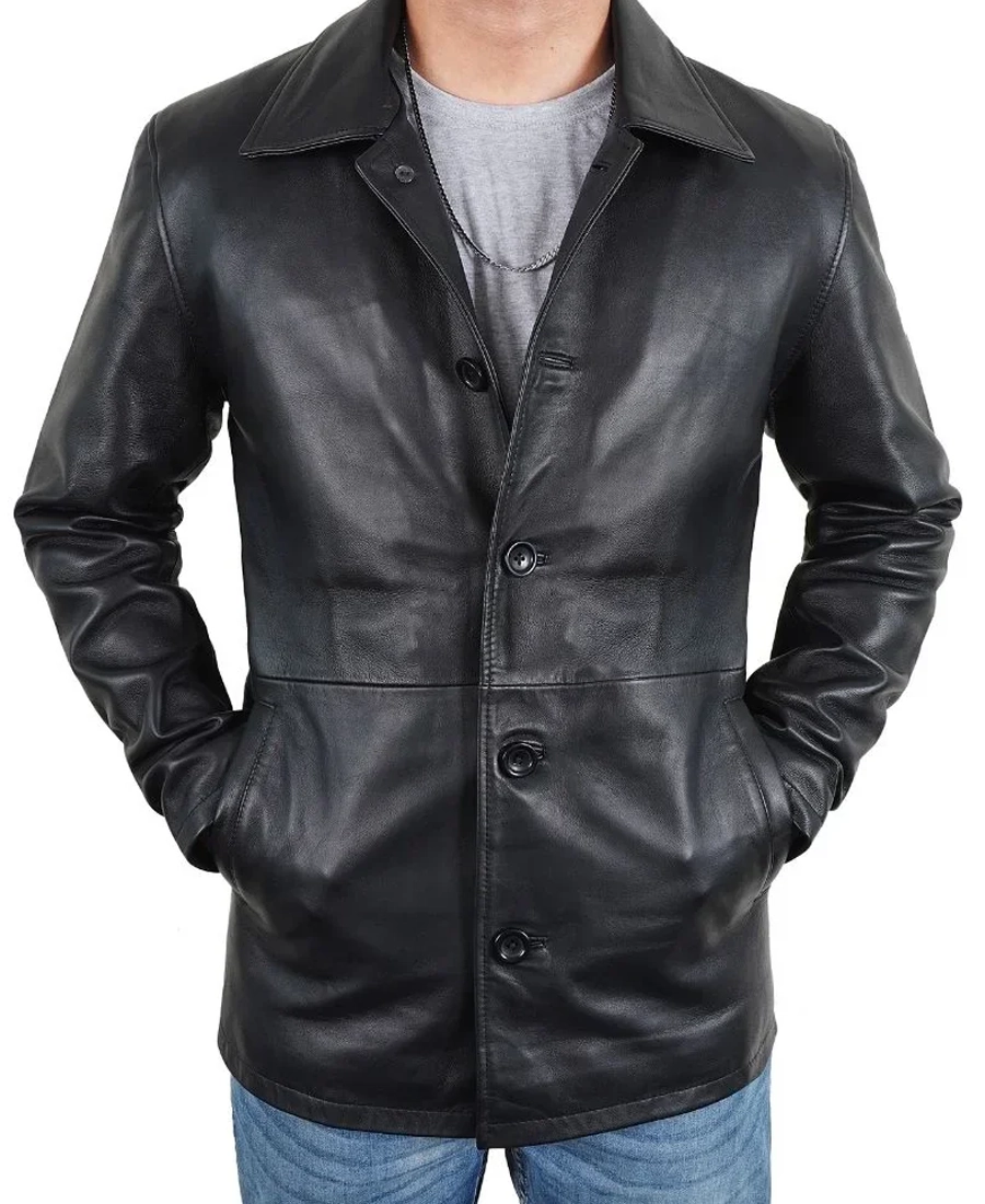 Mens'S Hunter Black Leather Car Coat Men'S Hunter Black Leather 3/4 Length Car Coat - Image 1