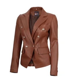 Women’s Premium Double Breasted Brown Leather Blazer Side View