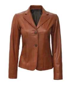 Women's Two Button Tan Leather Blazer - Trendy Leather Jackets