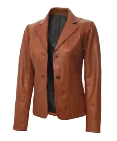Women's Two Button Tan Leather Blazer Side - Trendy Leather Jackets