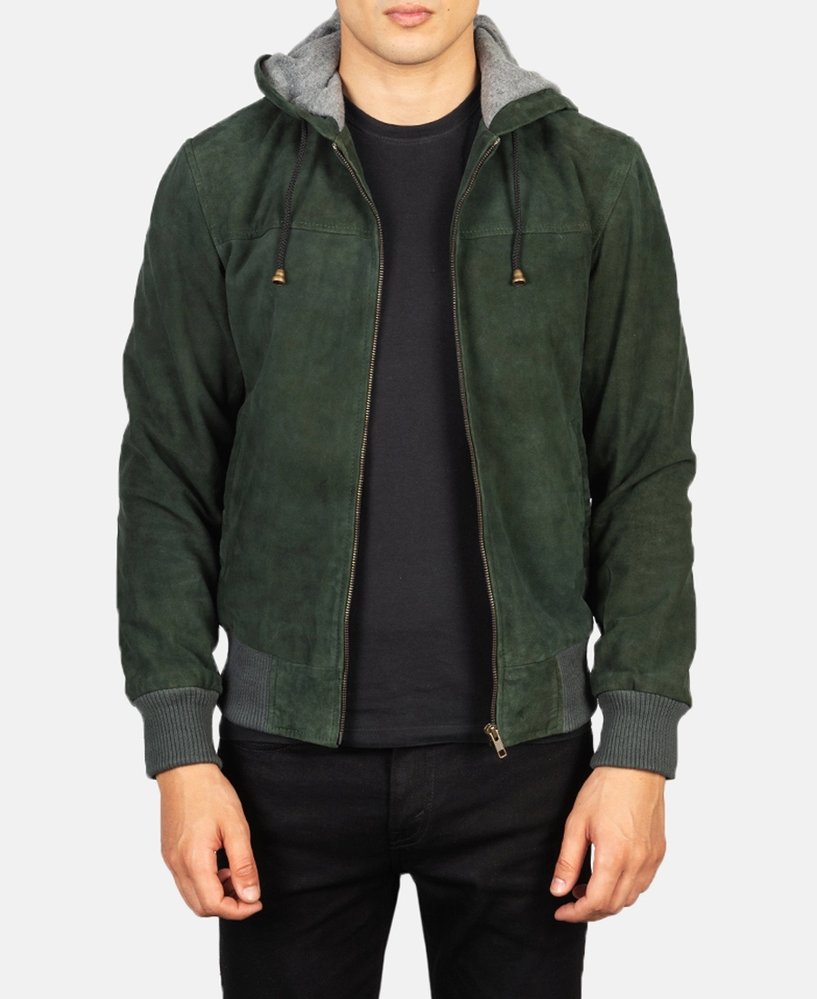 Nintenzo Green Hooded Suede Bomber Jacket Nintenzo Green Hooded Suede Bomber Jacket - Trendy Leather Jackets