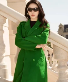 Sixdo Green Peak Lapel Neck Long Coat Close Up - Trendy Leather Jackets