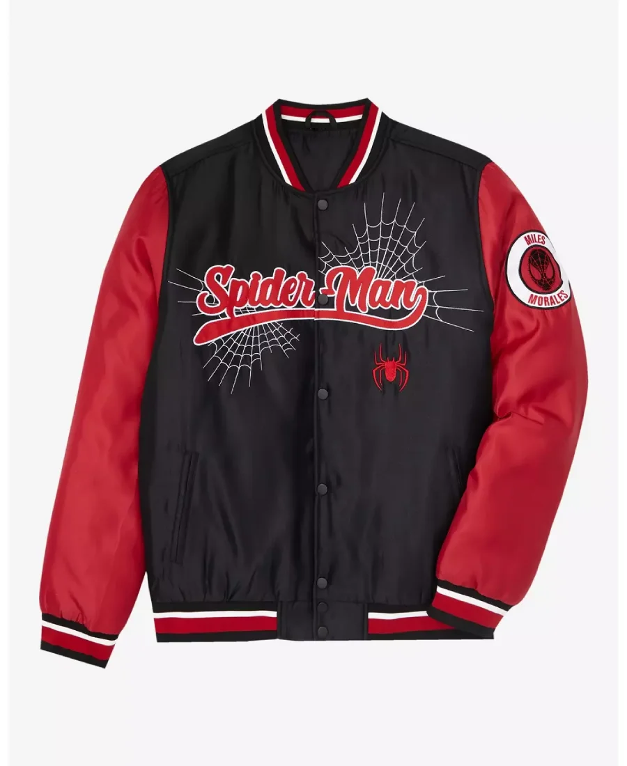 Spider Man Miles Morales Blocked Bomber Jacket Front Spider Man Miles Morales Blocked Bomber Jacket Front