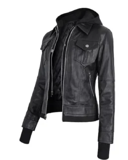 Women's Removable Hood Black Leather Bomber Jacket - Trendy Leather Jackets