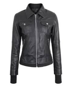 Women Removable Hood Black Leather Bomber Jacket Front - Trendy Leather Jackets