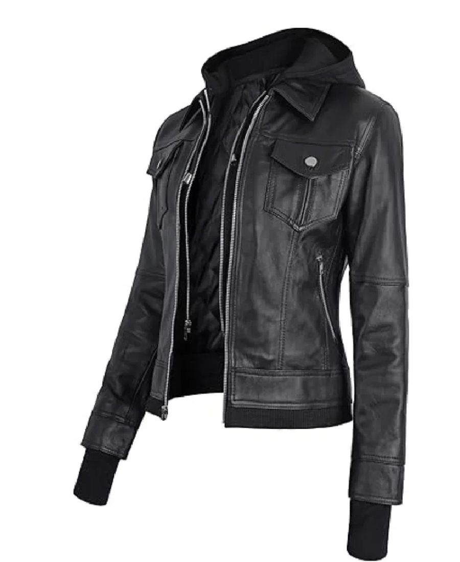 Women'S Removable Hood Black Leather Bomber Jacket Women'S Removable Hood Black Leather Bomber Jacket - Trendy Leather Jackets