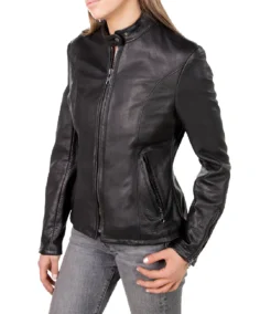 Women's Black Leather Cafe Racer Jacket Side Pose - Trendy Leather Jackets