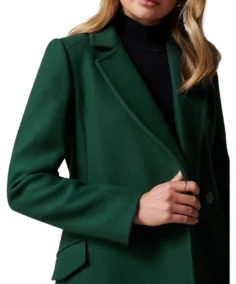 Women's Green Long Single Breasted Wool Coat Close Up - Trendy Leather Jackets