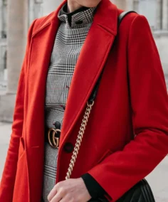 Women's Jackson Red Single Breasted Wool Coat Close Up - Trendy Leather Jackets