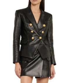 Women's Kim Double Breasted Black Leather Blazer Front View - Trendy Leather Jackets