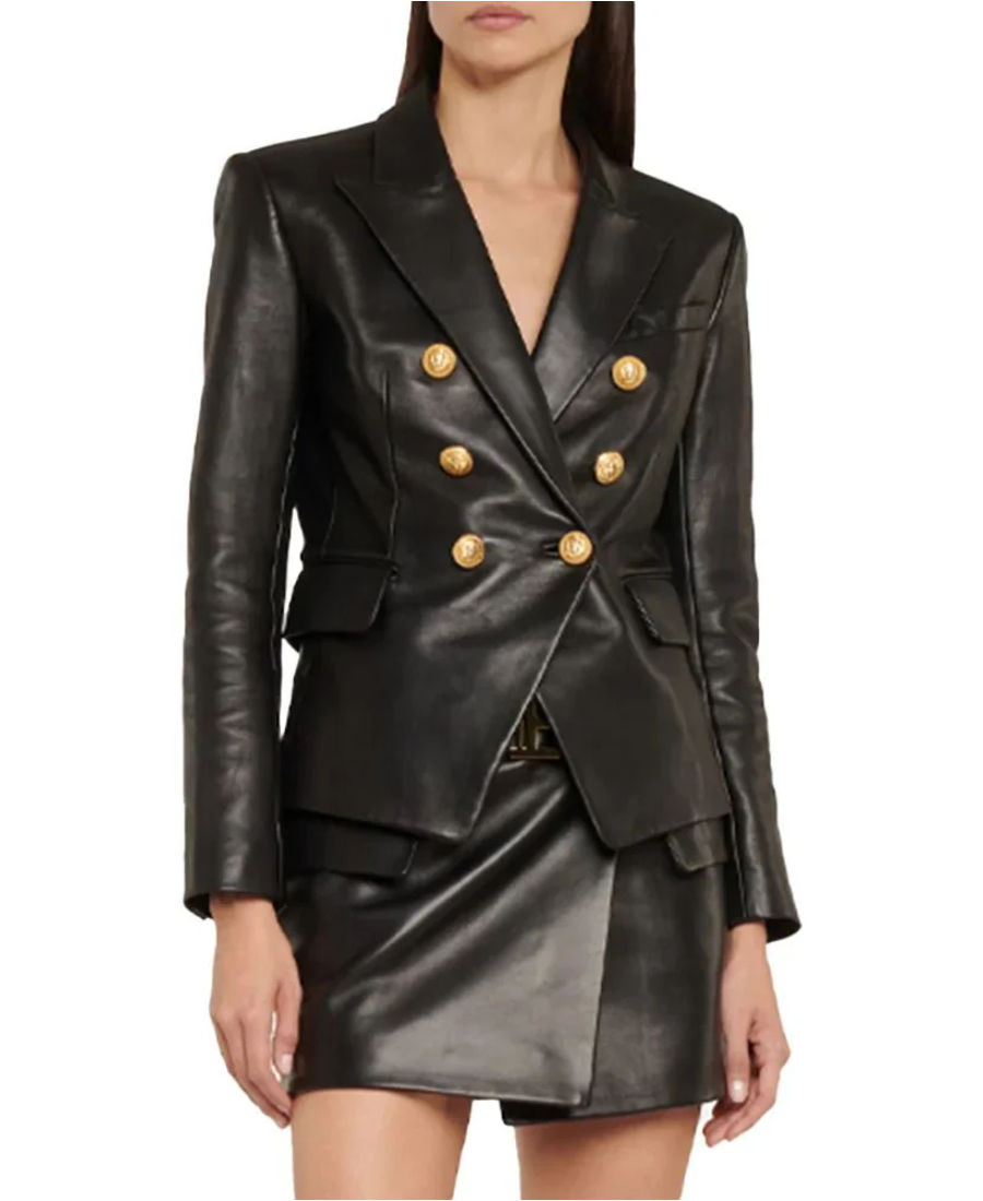 Women'S Kim Double Breasted Black Leather Blazer Front View Women'S Kim Double Breasted Black Leather Blazer Front View - Trendy Leather Jackets